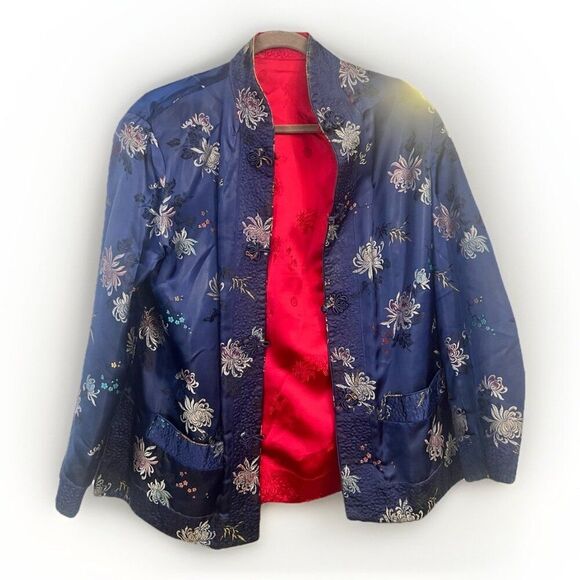 Vintage Chinese Embroidered Flowers Blue Red Reversible Short Jacket Robe L.  Ff - Picture 1 of 5